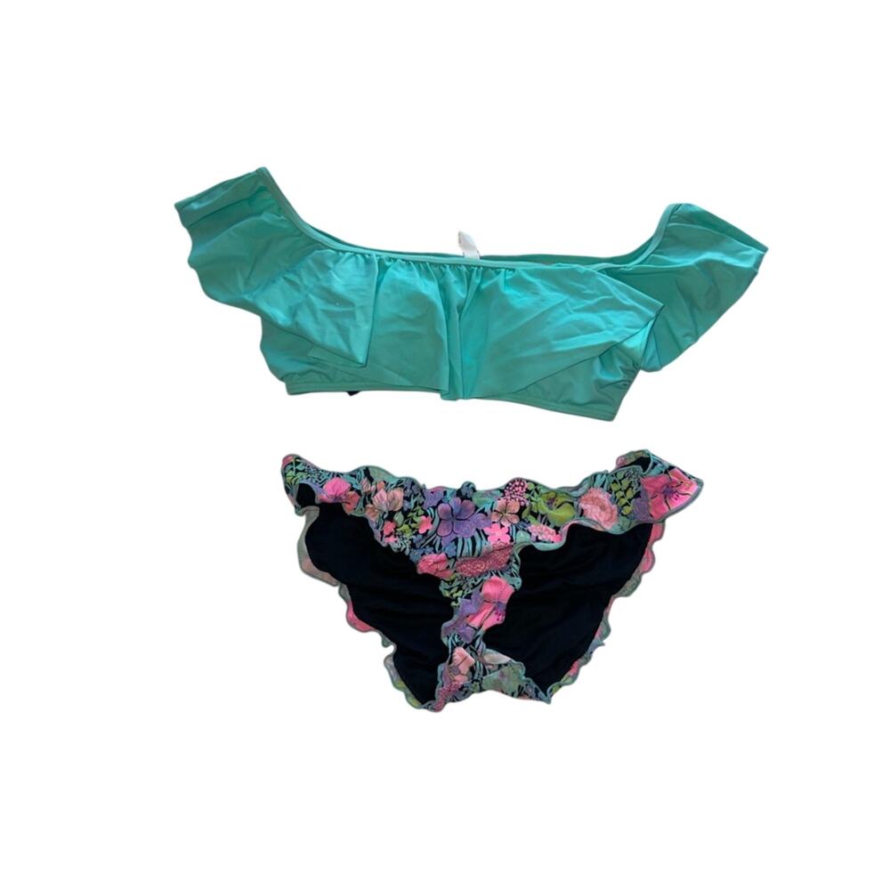 Victoria's Secret Aqua Off-Shoulder Ruffle Bikini Set with Floral Trim